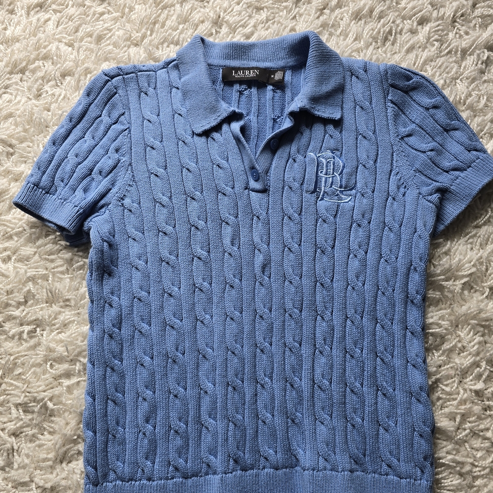 Ralph Lauren Light Blue Cable Knit Polo Sweater